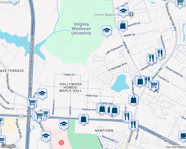 map of restaurants, bars, coffee shops, grocery stores, and more near 5720 Volsung Court in Virginia Beach