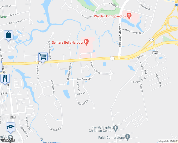 map of restaurants, bars, coffee shops, grocery stores, and more near 4031 Levi Solomon in Suffolk