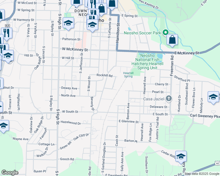 map of restaurants, bars, coffee shops, grocery stores, and more near 320 Robinson Avenue in Neosho