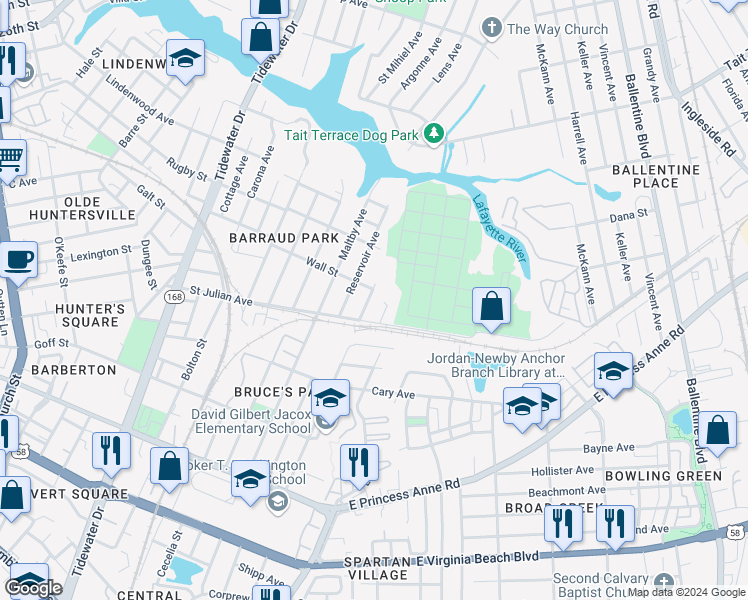 map of restaurants, bars, coffee shops, grocery stores, and more near 2222 Marshall Avenue in Norfolk