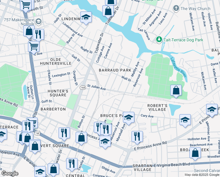 map of restaurants, bars, coffee shops, grocery stores, and more near 1136 Saint Julian Avenue in Norfolk