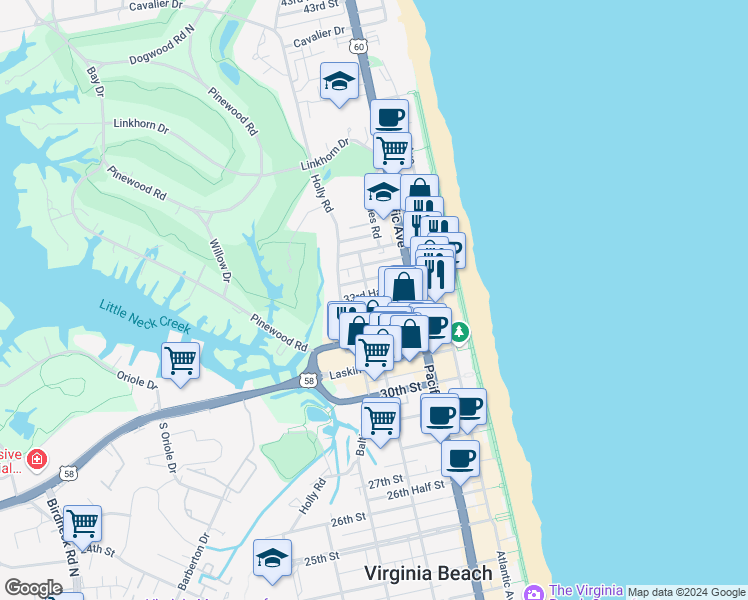 map of restaurants, bars, coffee shops, grocery stores, and more near 319 33rd Street in Virginia Beach