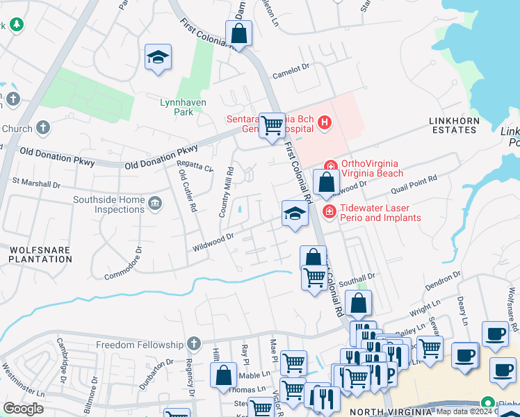 map of restaurants, bars, coffee shops, grocery stores, and more near 1016 Horton Place in Virginia Beach
