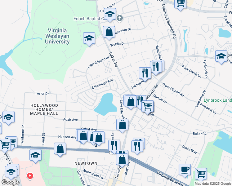map of restaurants, bars, coffee shops, grocery stores, and more near 713 Lake Edward Drive in Virginia Beach