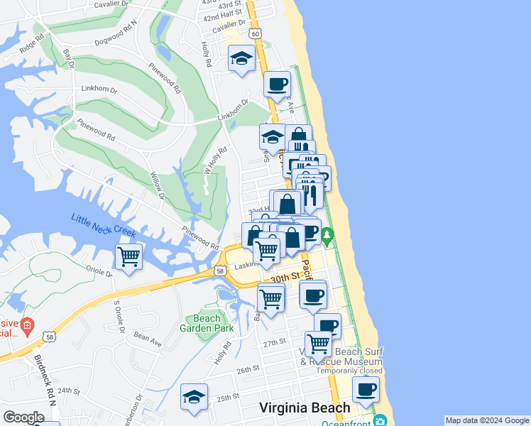 map of restaurants, bars, coffee shops, grocery stores, and more near 3301 Arctic Avenue in Virginia Beach