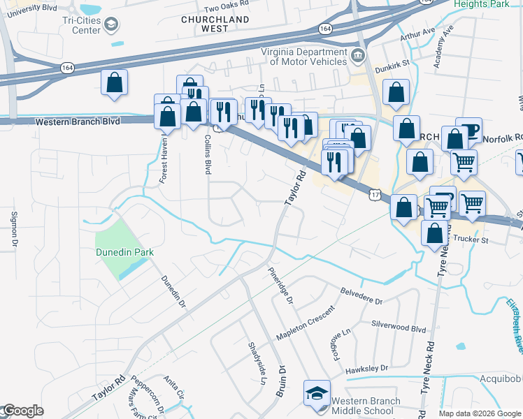 map of restaurants, bars, coffee shops, grocery stores, and more near 4416 Greendell Road in Chesapeake