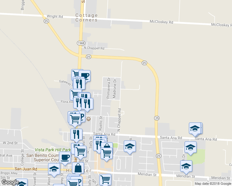 map of restaurants, bars, coffee shops, grocery stores, and more near 351 Madrone Drive in Hollister