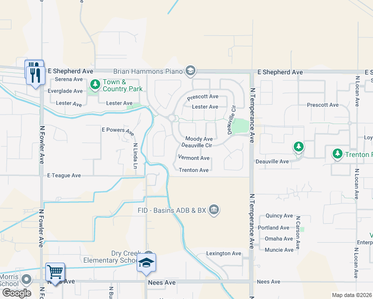 map of restaurants, bars, coffee shops, grocery stores, and more near 2350 Deauville Circle in Clovis