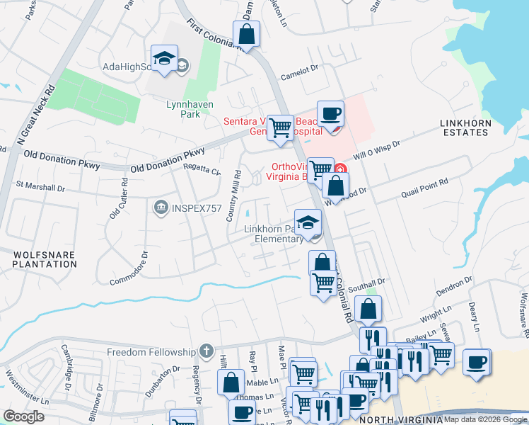 map of restaurants, bars, coffee shops, grocery stores, and more near 1029 Horton Place in Virginia Beach