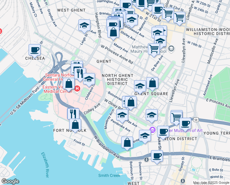 map of restaurants, bars, coffee shops, grocery stores, and more near 709 Stockley Gardens in Norfolk