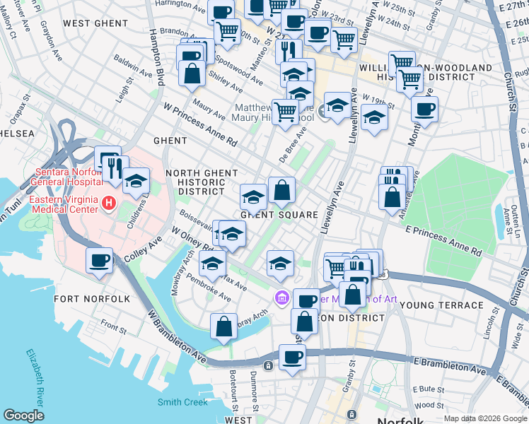 map of restaurants, bars, coffee shops, grocery stores, and more near 837 Botetourt Gardens in Norfolk