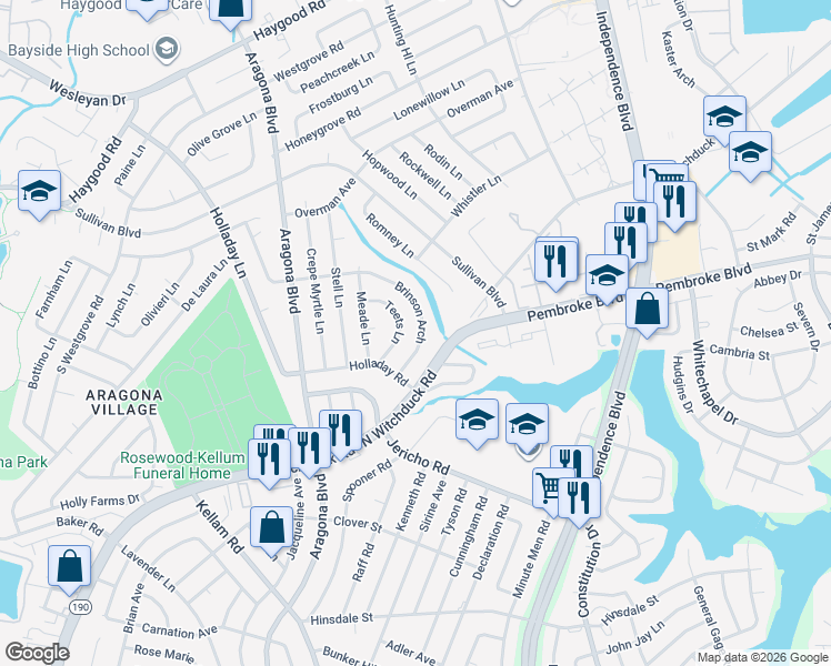 map of restaurants, bars, coffee shops, grocery stores, and more near 720 Teets Lane in Virginia Beach