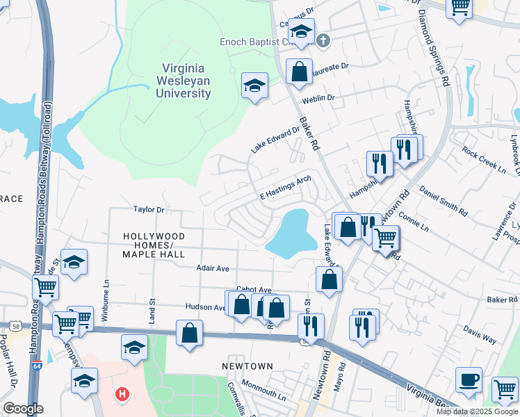 map of restaurants, bars, coffee shops, grocery stores, and more near 817 Lake Edward Drive in Virginia Beach