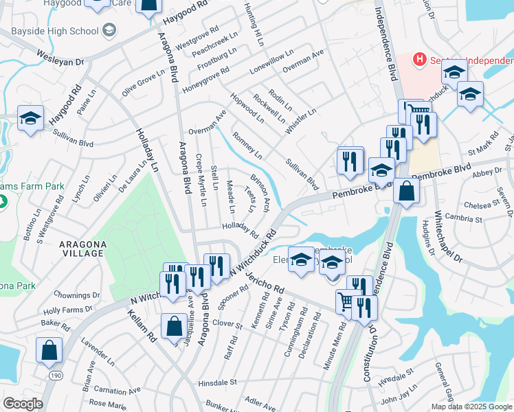 map of restaurants, bars, coffee shops, grocery stores, and more near 720 Teets Lane in Virginia Beach