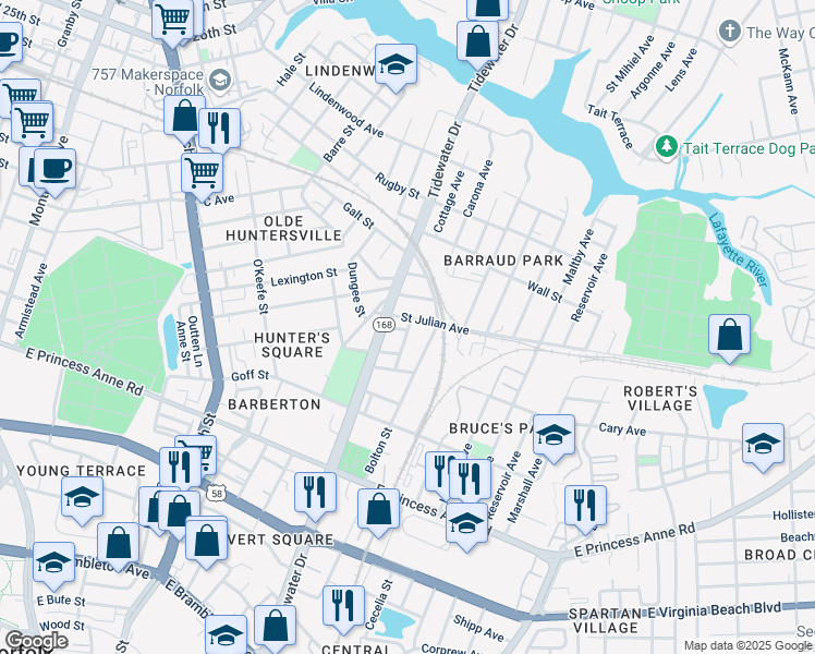 map of restaurants, bars, coffee shops, grocery stores, and more near 960 Gordon Street in Norfolk