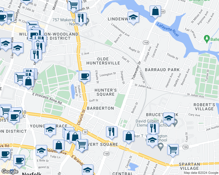 map of restaurants, bars, coffee shops, grocery stores, and more near 854 Johnson Avenue in Norfolk