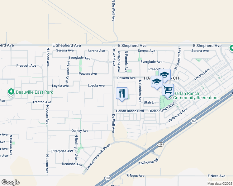 map of restaurants, bars, coffee shops, grocery stores, and more near 1692 North Broadbent Lane in Clovis