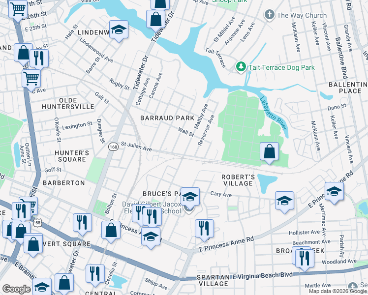 map of restaurants, bars, coffee shops, grocery stores, and more near 2214 Hanson Avenue in Norfolk