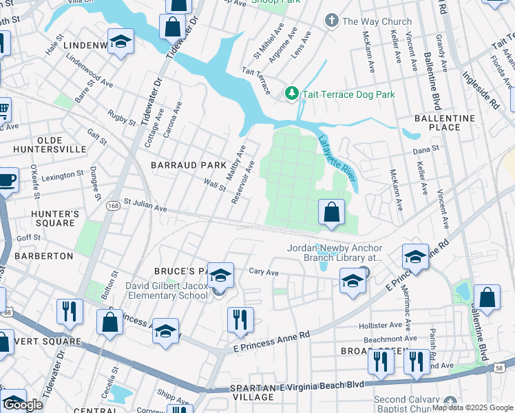 map of restaurants, bars, coffee shops, grocery stores, and more near 2226 Marshall Avenue in Norfolk