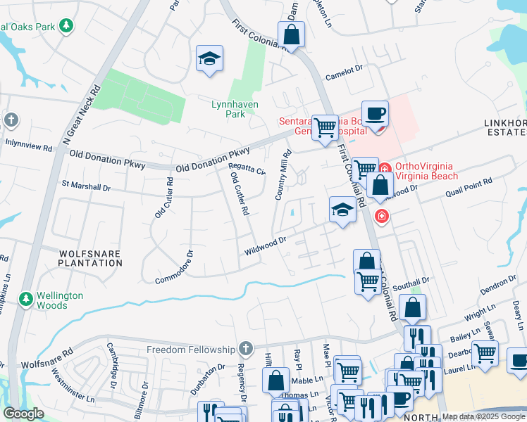 map of restaurants, bars, coffee shops, grocery stores, and more near 2000 Starboard Court in Virginia Beach