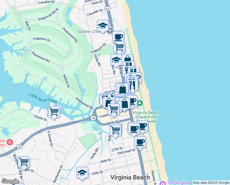 map of restaurants, bars, coffee shops, grocery stores, and more near 315 33rd Street in Virginia Beach