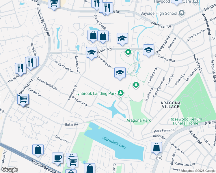 map of restaurants, bars, coffee shops, grocery stores, and more near 712 Crystal Springs Court in Virginia Beach