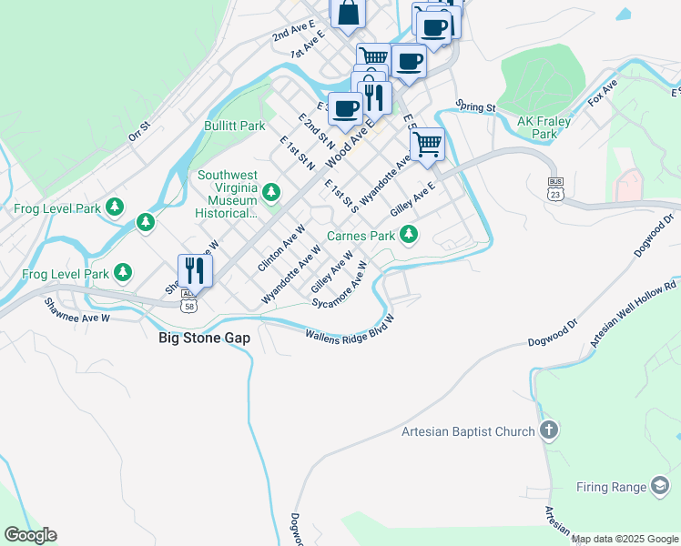 map of restaurants, bars, coffee shops, grocery stores, and more near 101-199 Gilley Avenue West in Big Stone Gap