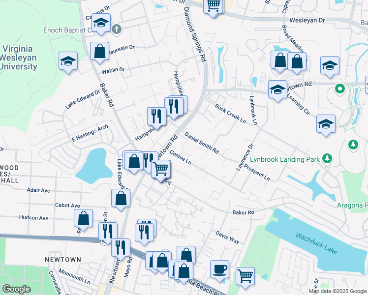 map of restaurants, bars, coffee shops, grocery stores, and more near 5516 Loneleaf Way in Virginia Beach