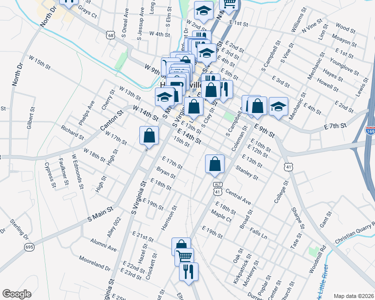 map of restaurants, bars, coffee shops, grocery stores, and more near 305 East 16th Street in Hopkinsville