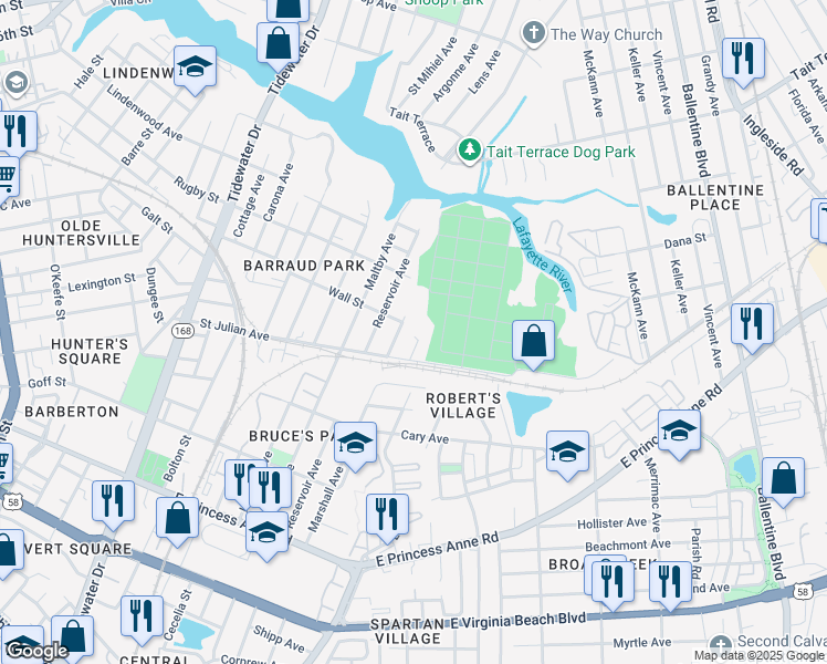 map of restaurants, bars, coffee shops, grocery stores, and more near 2226 Marshall Avenue in Norfolk