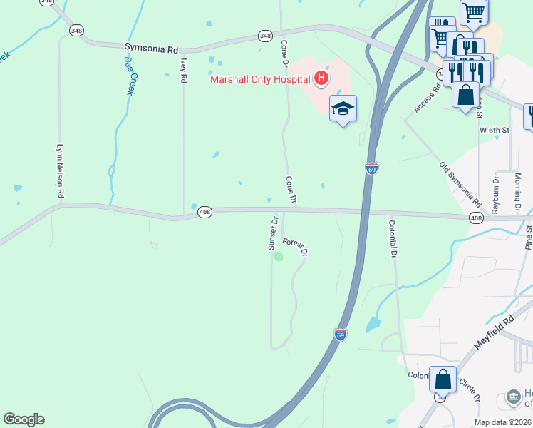 map of restaurants, bars, coffee shops, grocery stores, and more near 700-809 Sunset Drive in Benton