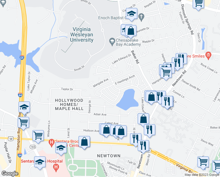 map of restaurants, bars, coffee shops, grocery stores, and more near 634 Redhorse Lane in Virginia Beach