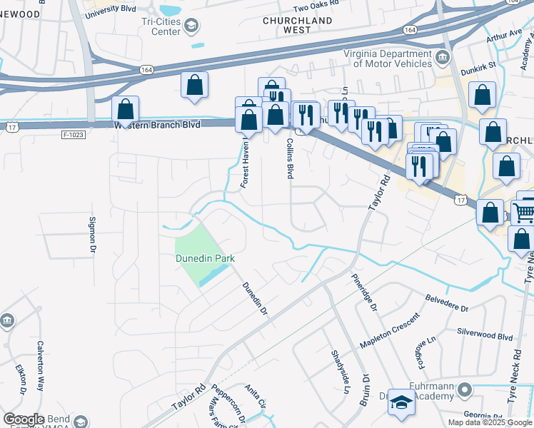 map of restaurants, bars, coffee shops, grocery stores, and more near 3437 Bernies Court North in Chesapeake