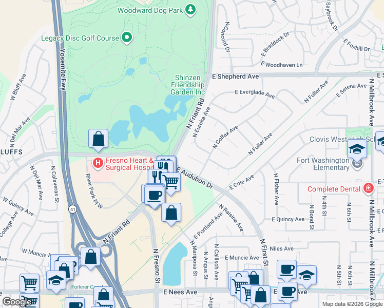 map of restaurants, bars, coffee shops, grocery stores, and more near 140 East Trenton Avenue in Fresno