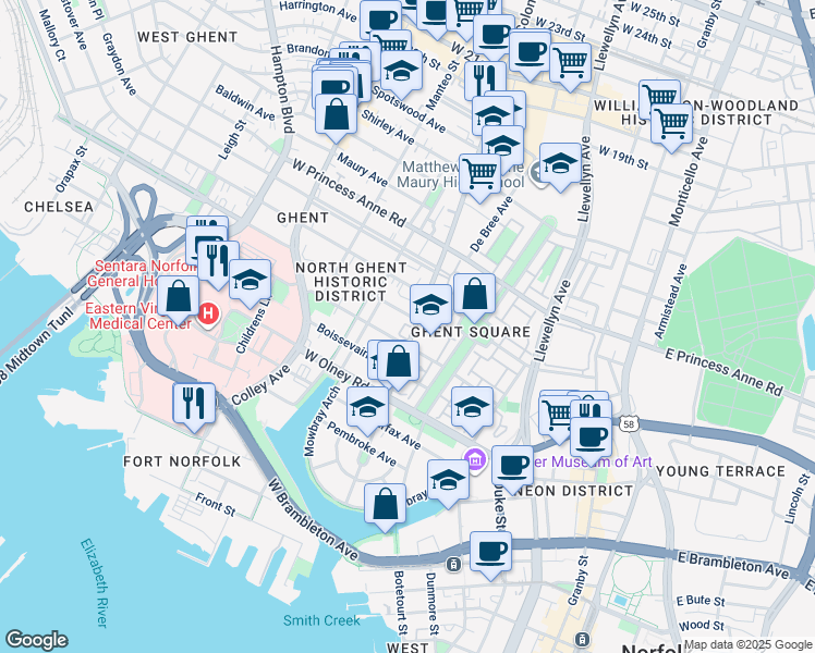map of restaurants, bars, coffee shops, grocery stores, and more near 809 Colonial Avenue in Norfolk