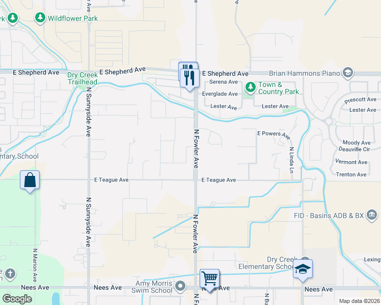 map of restaurants, bars, coffee shops, grocery stores, and more near 8541 North Fowler Avenue in Clovis
