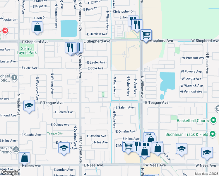 map of restaurants, bars, coffee shops, grocery stores, and more near 8598 North Heartland Way in Fresno