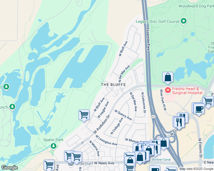 map of restaurants, bars, coffee shops, grocery stores, and more near in Fresno