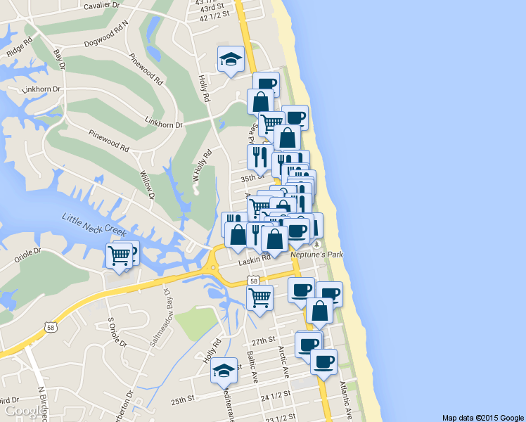 map of restaurants, bars, coffee shops, grocery stores, and more near 311 33rd Street in Virginia Beach
