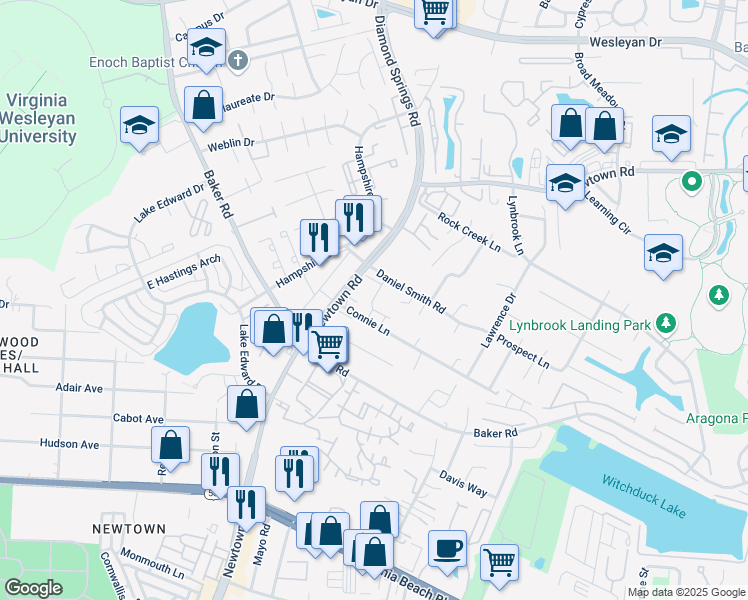 map of restaurants, bars, coffee shops, grocery stores, and more near 5516 Loneleaf Way in Virginia Beach