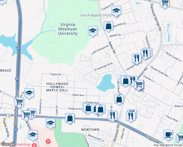 map of restaurants, bars, coffee shops, grocery stores, and more near 817 Lake Edward Drive in Virginia Beach