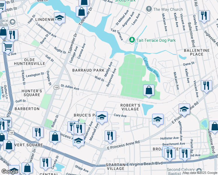 map of restaurants, bars, coffee shops, grocery stores, and more near 2220 Marshall Avenue in Norfolk