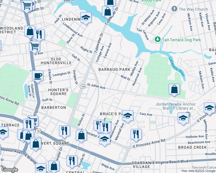 map of restaurants, bars, coffee shops, grocery stores, and more near 1136 Saint Julian Avenue in Norfolk