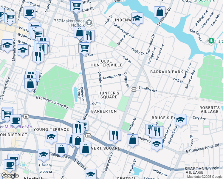 map of restaurants, bars, coffee shops, grocery stores, and more near in Norfolk