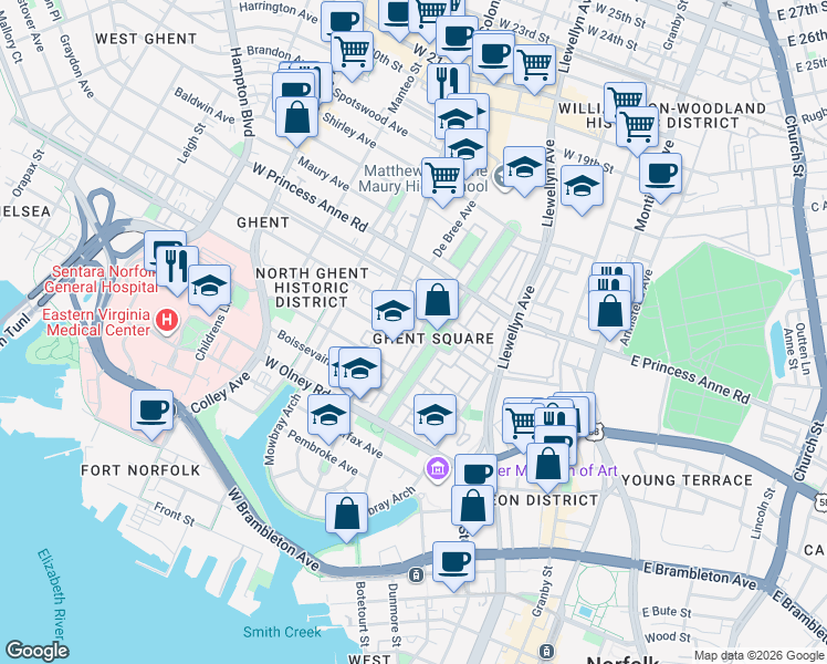 map of restaurants, bars, coffee shops, grocery stores, and more near 837 Botetourt Gardens in Norfolk