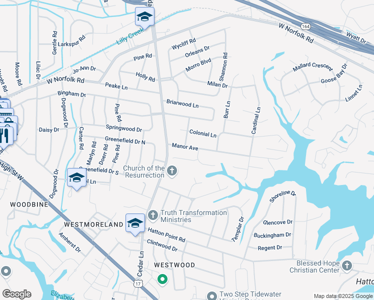 map of restaurants, bars, coffee shops, grocery stores, and more near 4901 Manor Avenue in Portsmouth