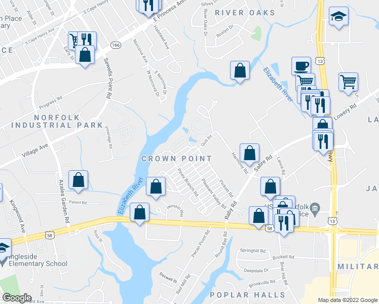 map of restaurants, bars, coffee shops, grocery stores, and more near 5383 Greenplain Road in Norfolk