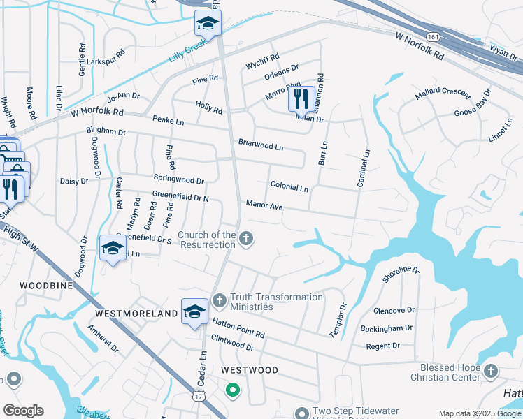 map of restaurants, bars, coffee shops, grocery stores, and more near 4901 Manor Ave in Portsmouth