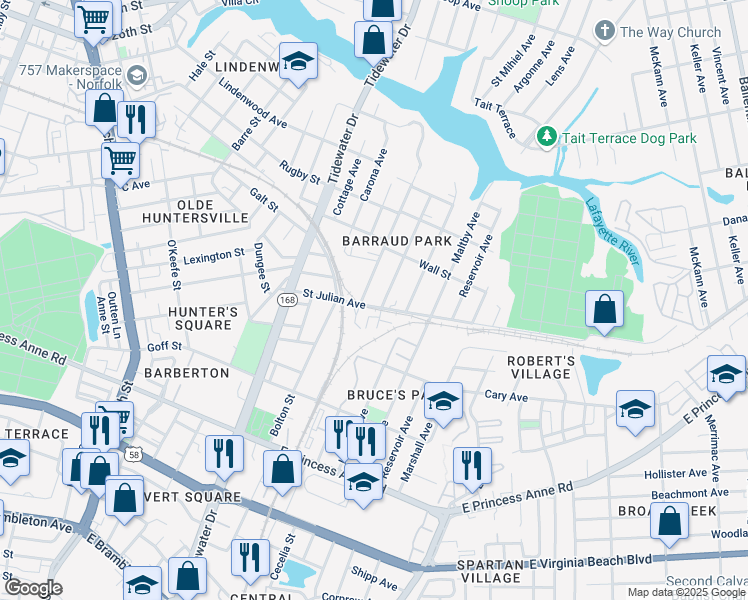 map of restaurants, bars, coffee shops, grocery stores, and more near 1136 Saint Julian Avenue in Norfolk