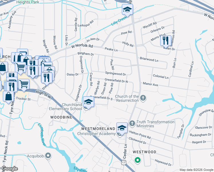 map of restaurants, bars, coffee shops, grocery stores, and more near 3521 Doerr Road in Portsmouth